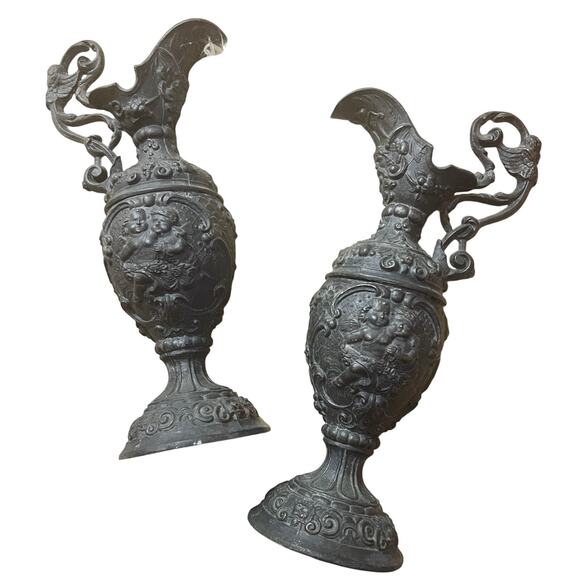 Antique Victorian Pair of Decorative Cast Spelter Metal Urns Ewers Putti Motif - Picture 1 of 13
